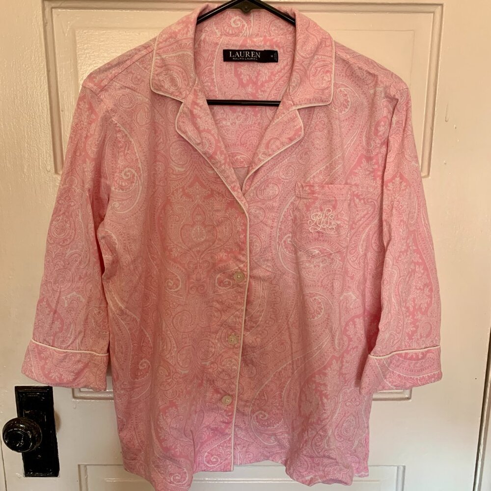 Lauren Ralph Lauren Pink Cotton Paisley Monogram Crop Pajama Set, Size M - Picture 2 of 7